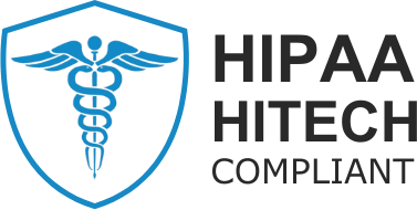 HIPAA HITECH compliant logo with a caduceus symbol inside a shield.